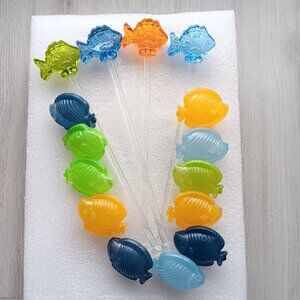 Vintage Pier 1 Glass Fish Swizzle Sticks & Plastic Fish Ice Cubes Set Blue